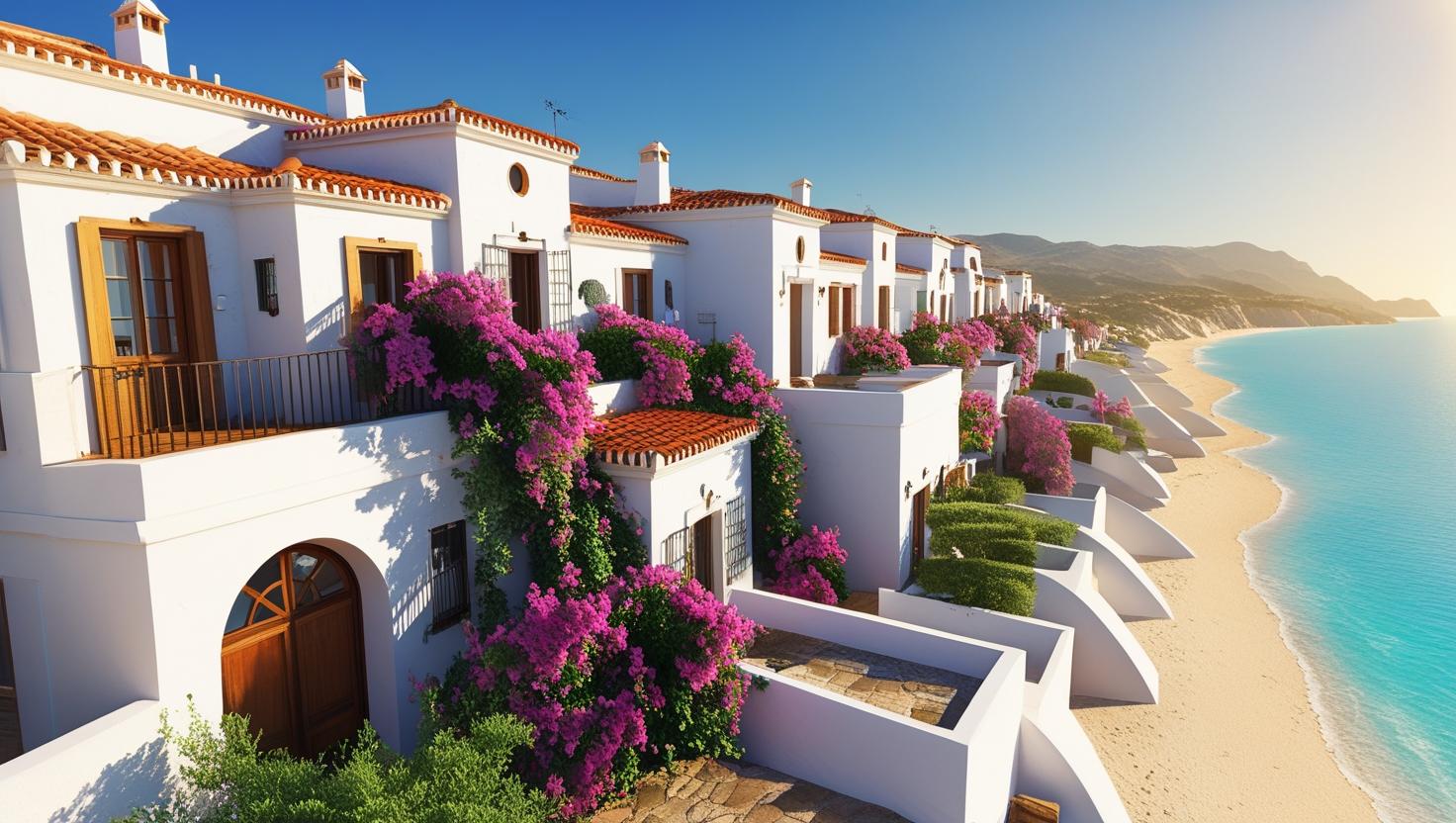 Beautiful Spanish coastal villa with white architecture, terracotta roofs, and vibrant bougainvillea overlooking the Mediterranean Sea